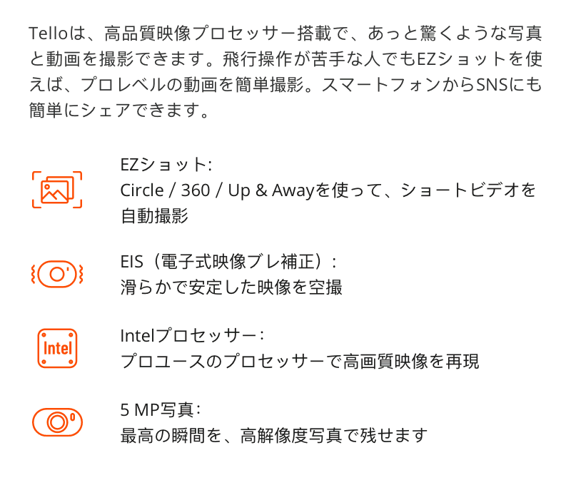「Tello」は、高品質映像プロセッサー搭載で、あっと驚くような写真と動画を撮影できます。飛行操作が苦手な人でもEZショットを使えば、プロレベルの動画を簡単撮影。スマートフォンからSNSにも簡単にシェアできます。
「EZショット」
Circle / 360 / Up & Awayを使って、ショートビデオを自動撮影
「EIS(電子式映像ブレ補正)」
滑らかで安定した映像を空撮
「Intelプロセッサー」
プロユースのプロセッサーで高画質映像を再現
「5MP写真」
再考の瞬間を、高解像度写真で残せます。