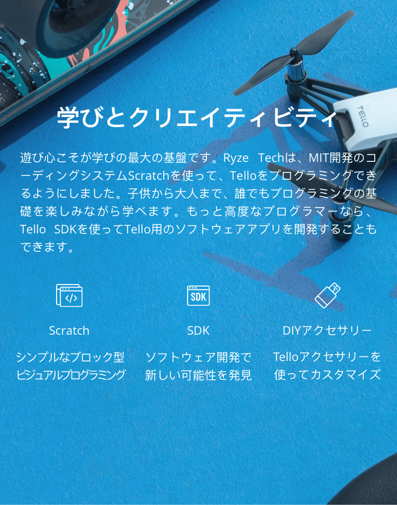 遊びとクリエイティビティ
遊び心こそが学びの最大の基盤です。「Rize Tech」は、MIT開発のコーディングシステム「Scratch」を使って、「Tello」をプログラミングできるようにしました。子供から大人まで、誰でもプログラミングの基礎を楽しみながら学べます。もっと高度なプログラマーなら、「Teelo SDK」を使ってTello用のソフトウェアアプロを開発することもできます。
「Scratch」
シンプルなブロック型ビジュアルプログラミング
「SDK」
ソフトウェア開発で新しい可能性を発見
「DIYアクセサリー」
「Tello」アクセサリーを使ってカスタマイズ